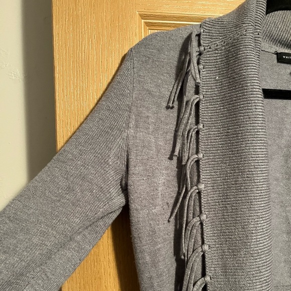 White House Black Market Grey Fringe Long Knit Open Cardigan - Picture 6 of 12